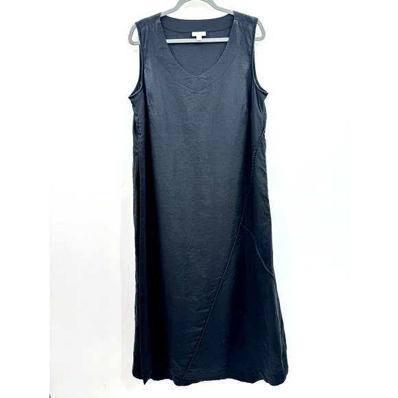 J. Jill purejill 100% Linen Maxi Dress Sz 1X Black Flowy Beachy Relaxed Coastal - Picture 1 of 12